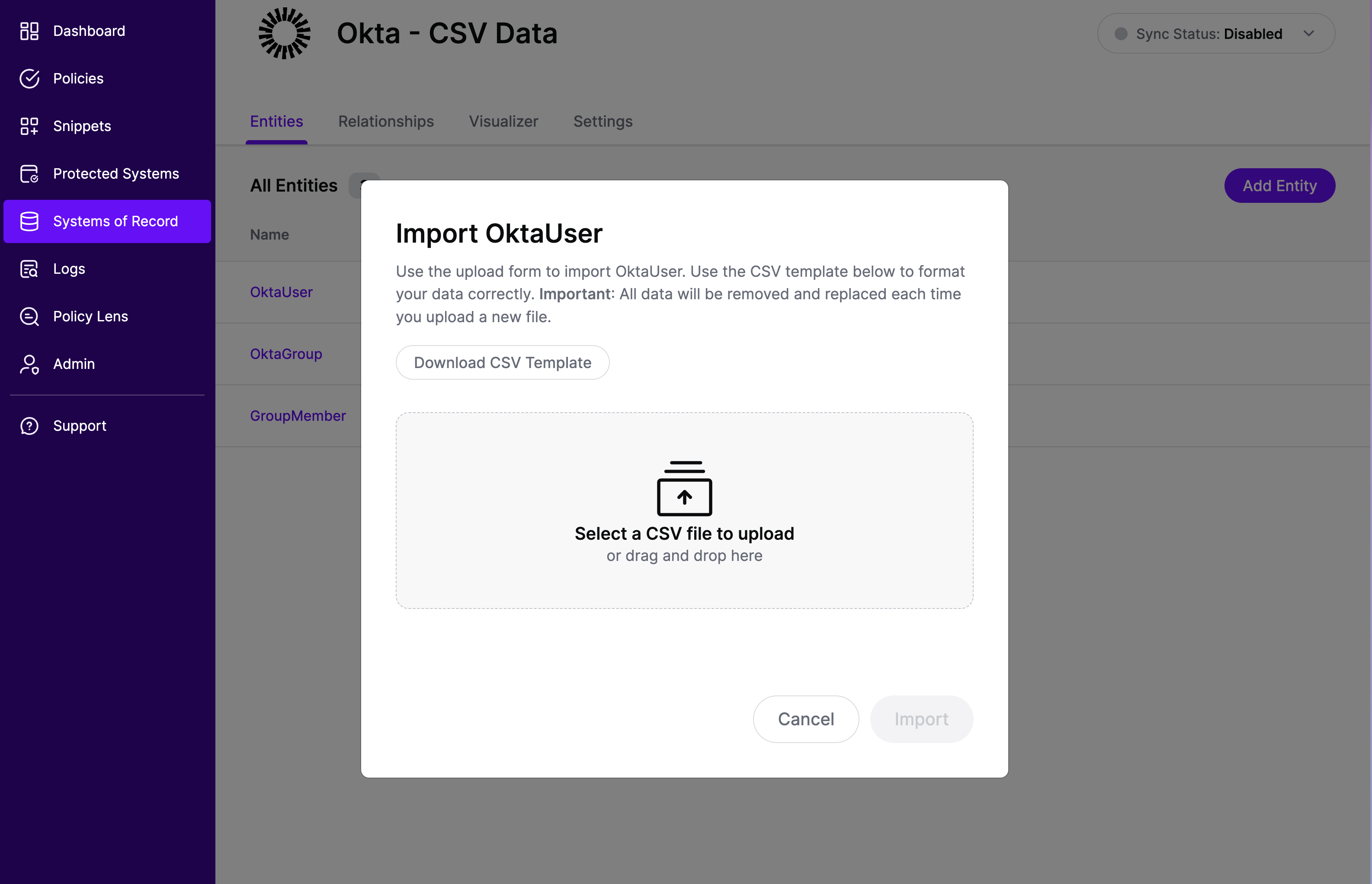 Systems of Record - OktaUser CSV Import Screen