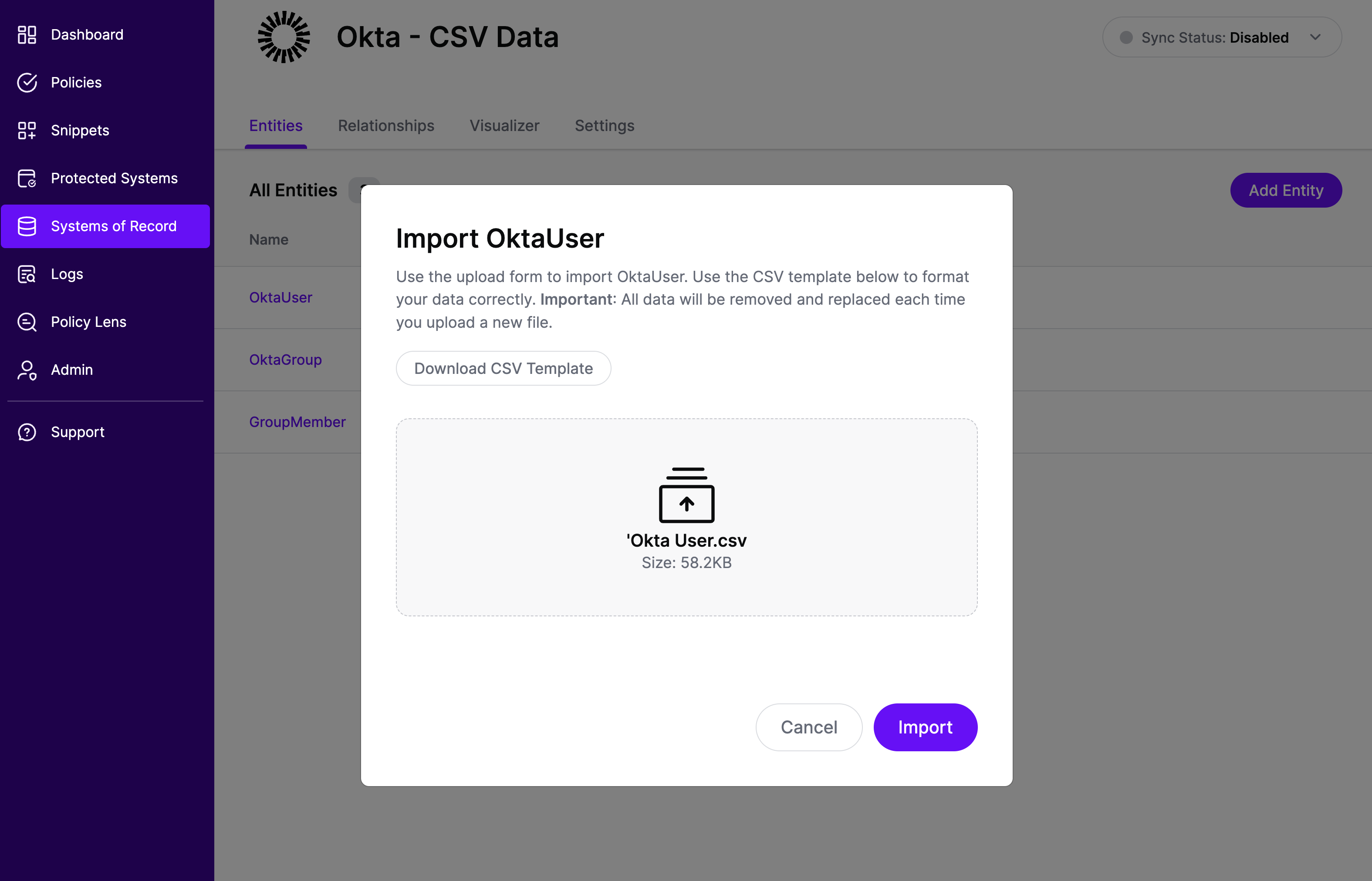 Systems of Record - OktaUser CSV Import Save